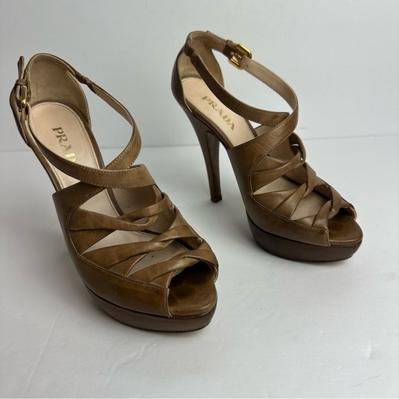 Prada Platform Pumps Women's Size US 7, EU 37 Strappy Heels Tan Brown Authentic - Picture 1 of 11